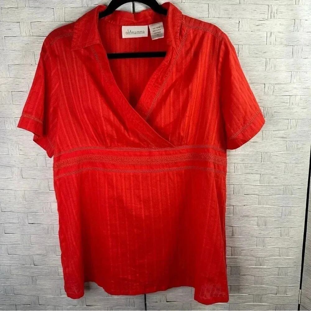 Oh! Mamma Women's maternity top cotton Empire waste, red with eyelets or lace